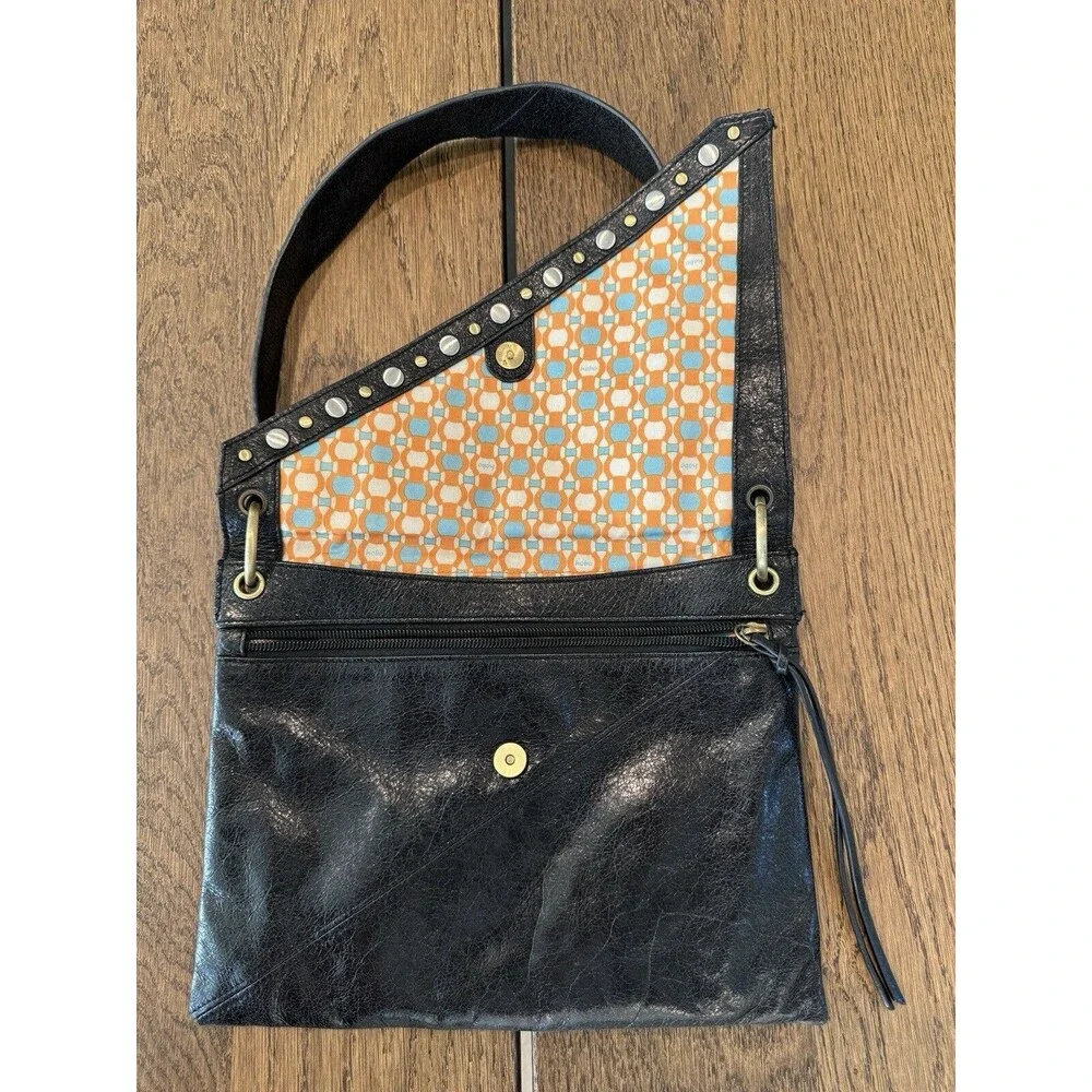 HOBO The Original Black Leather Studded Shoulder Bag Asymmetrical Flap Lined - Picture 5 of 14